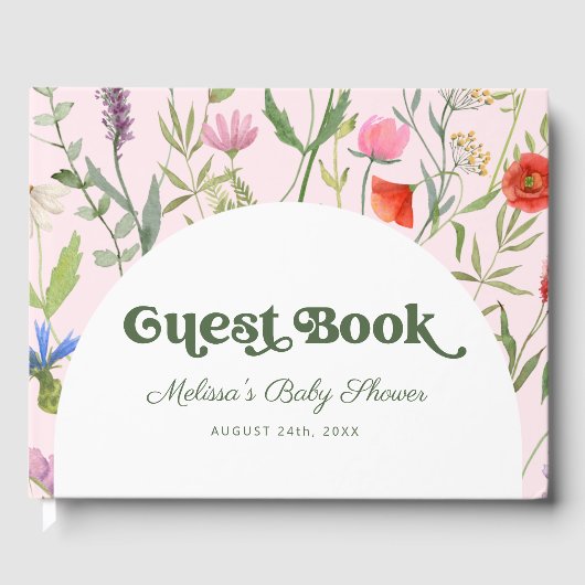 Elegante Wildblume Wasserfarbe Rosa Kinderdusche Gästebuch (Vorderseite)