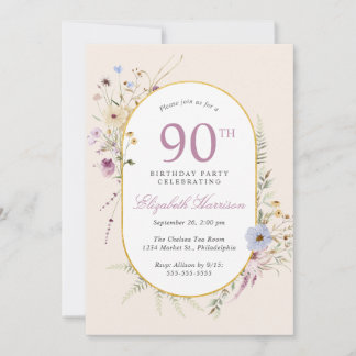 Elegante Wildblume Watercolor 90. Geburtstagsparty Einladung