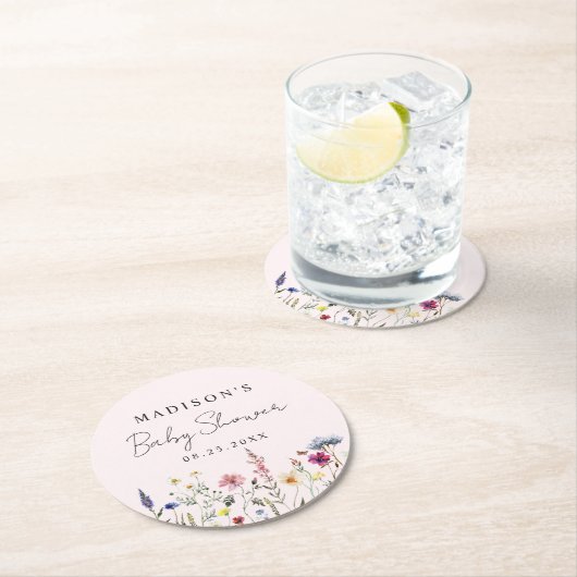 Elegante Wildblume Weiß Rosa Babydusche Runder Pappuntersetzer (Vor Ort)