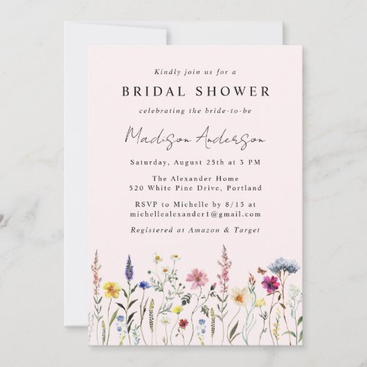 Elegante Wildblume Weiß Rosa Brautparty Einladung (Vorderseite)