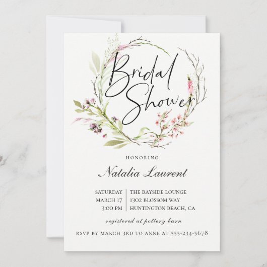 Elegante Wildblume Wreath Bridal Dusche Einladung (Vorderseite)