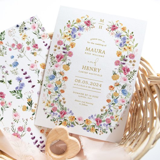 Elegante Wildblume Wreath Garden Wedding Einladung