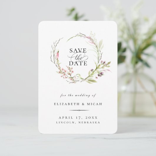 Elegante Wildblume Wreath Save the Date Ankündigung (Stehend Vorderseite)