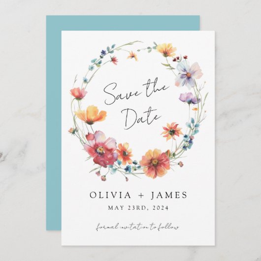 Elegante Wildblume Wreath Summer Wedding Save The Date (Vorne/Hinten)