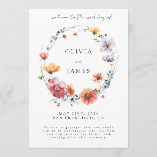 Elegante Wildblume Wreath Summer Wedding Willkomme Programm (Vorderseite)