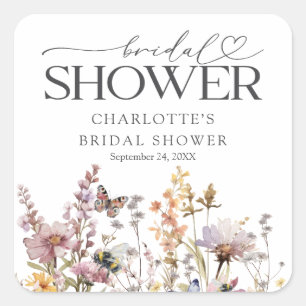 Elegante Wildblumen-Aquarell-Hochzeitsdusche Favor Quadratischer Aufkleber