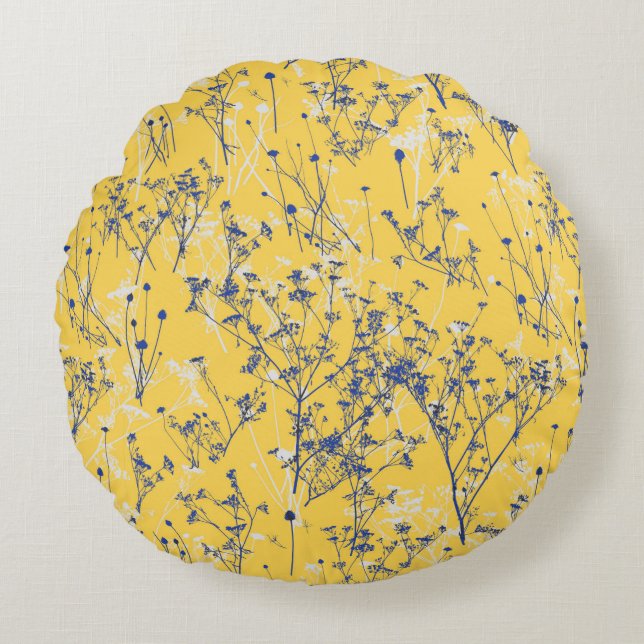Elegante Wildblumen auf Senfgelb Rundes Kissen (Vorderseite)