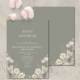 Elegante Wildblumen-Baby-Party in Salbeigrün Einladung