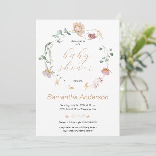 Elegante Wildblumen Baby Shower Script Einladung (Stehend Vorderseite)