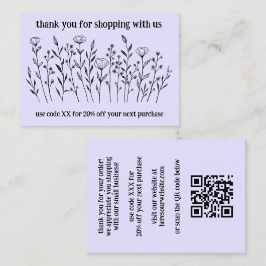 Elegante Wildblumen BESTELLEN DANKE QR-Code Visitenkarte (Vorne/Hinten)