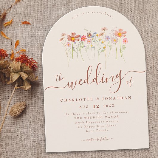 Elegante Wildblumen Boho Beige Terrakotta Hochzeit Einladung