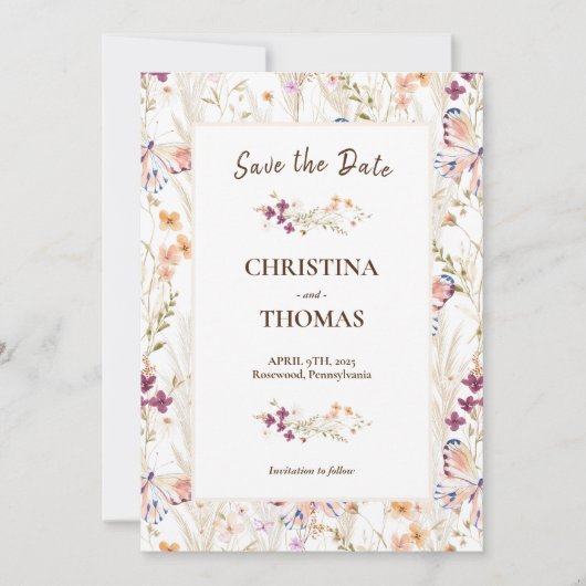 Elegante Wildblumen Boho Save the Date Einladung (Vorderseite)