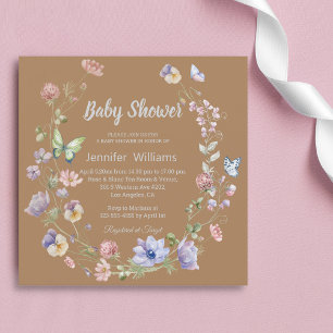 elegante Wildblumen, braune, neutrale Babydusche Einladung