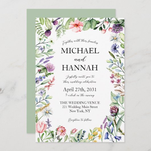 Elegante Wildblumen feiern Grüne Hochzeit Einladung (Vorne/Hinten)