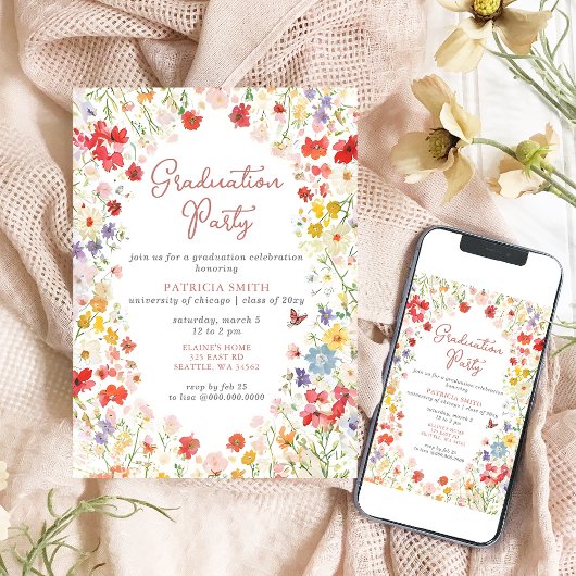 Elegante Wildblumen Foto Graduation Party Einladung