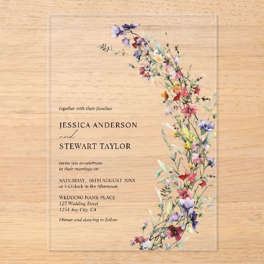 Elegante Wildblumen Foto Hochzeit Acryleinladungen (Vorderseite)