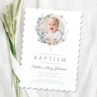 Elegante Wildblumen Girl Baptism Foto Einladung