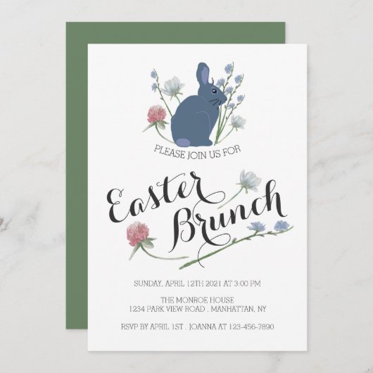 Elegante Wildblumen & Gray Bunny, Osterbrunch Ankündigung (Vorne/Hinten)