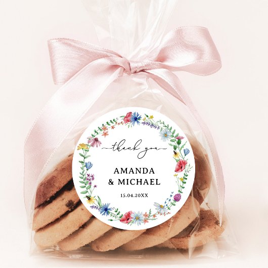 Elegante Wildblumen Hochzeit Danke Runder Aufkleber