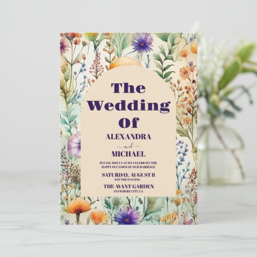 Elegante Wildblumen Hochzeit Einladung (Stehend Vorderseite)