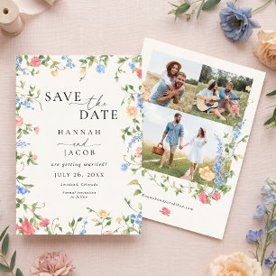 Elegante Wildblumen-Hochzeit mit drei Fotos Save The Date