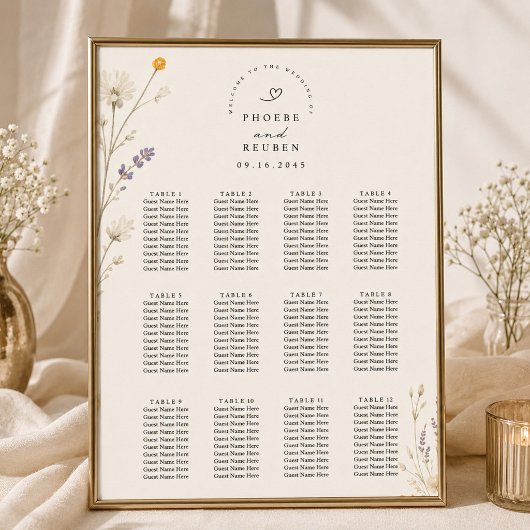 Elegante Wildblumen-Hochzeits-Sitzplan Poster