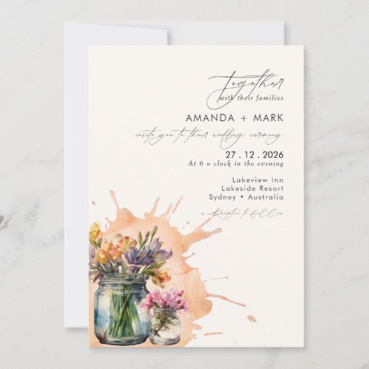 Elegante Wildblumen Mason Jar Qr Code Hochzeit Einladung (Vorderseite)