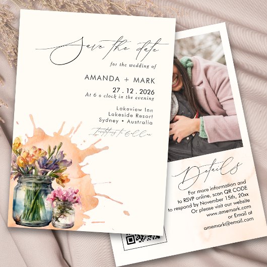 Elegante Wildblumen Mason Jar Save the Date Einladung