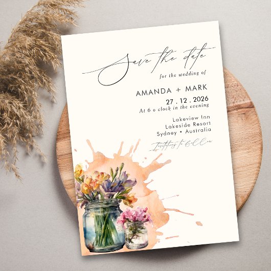 Elegante Wildblumen Mason Jar Save the Date Einladung