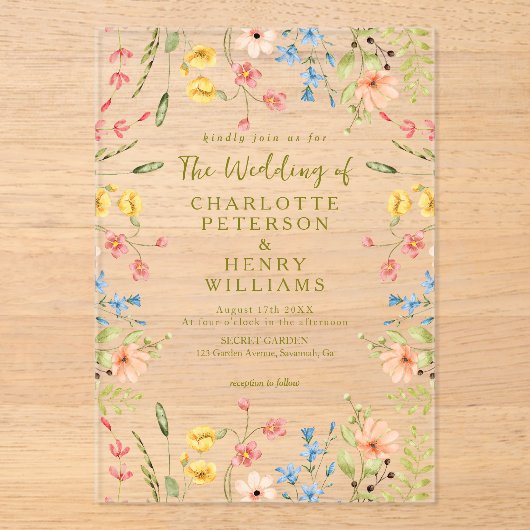 Elegante Wildblumen Moderne Hochzeit Acryleinladungen (Vorderseite)