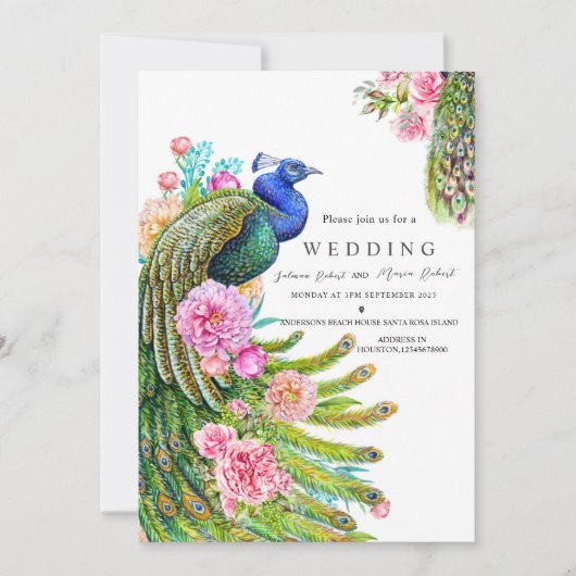 Elegante Wildblumen Pfauenhochzeit Extravagant Einladung (Vorderseite)