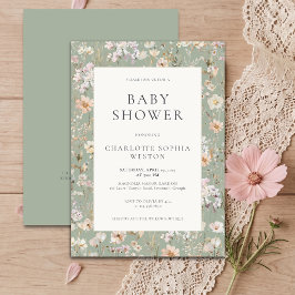 Elegante Wildblumen-QR-Code-Baby-Party in Salbeigr Einladung