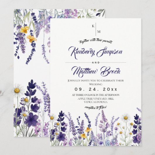 Elegante Wildblumen-Rustico-Hochzeit Einladung (Vorne/Hinten)