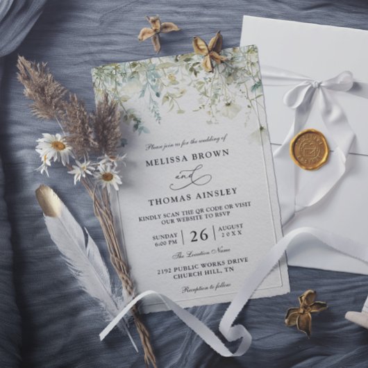 Elegante Wildblumen Rustikale Budget QR-Code Hochz Einladung