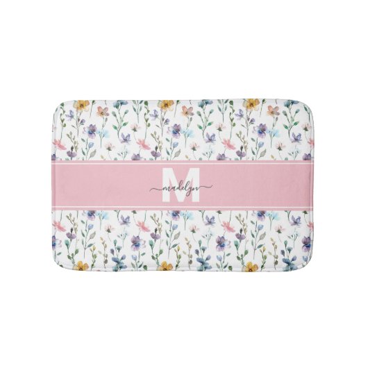 Elegante Wildblumen-Schrift-Monogramm Badematte (Vorderseite)