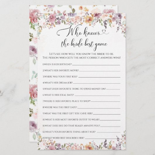 Elegante Wildblumen Wer das beste Brautspiel kennt (Vorne/Hinten)