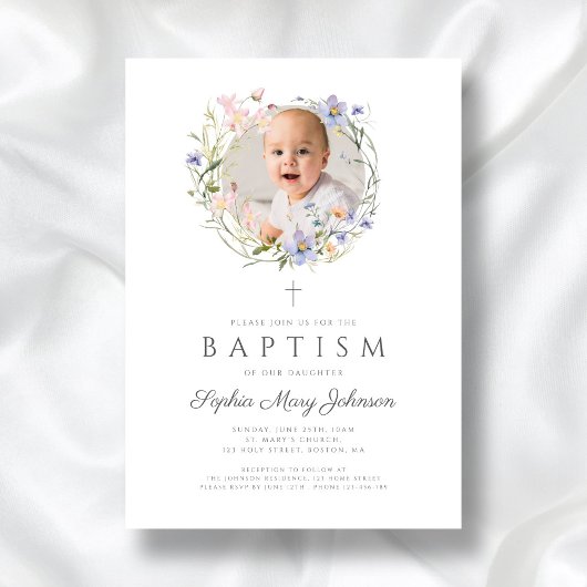 Elegante Wildblumen Wreath Foto Taufe Einladung