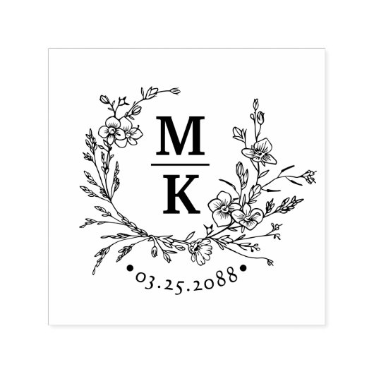 Elegante Wildblumen Wreath Wedding Couple Monogram Permastempel (Design)