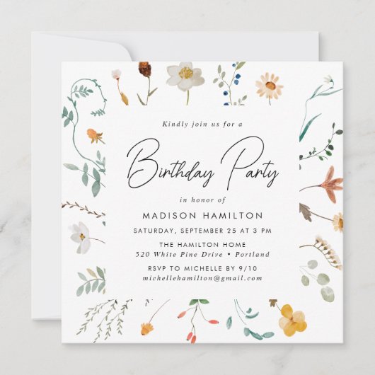 Elegante Wildblumen zum Geburtstag Einladung (Vorderseite)