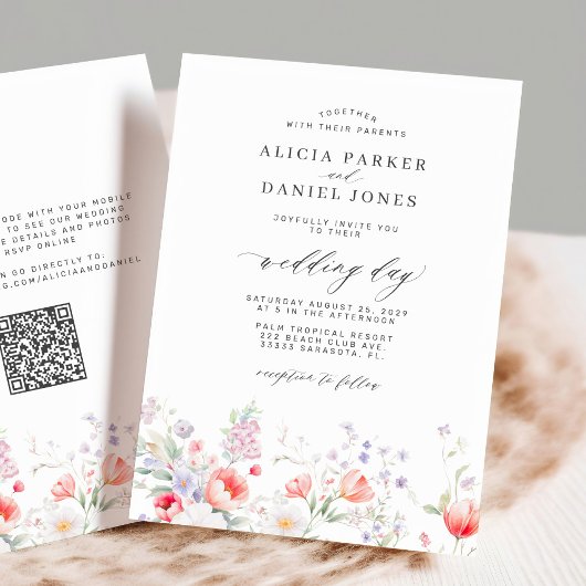 Elegante Wildblumengarten-QR-Code-RSVP-Hochzeit Einladung