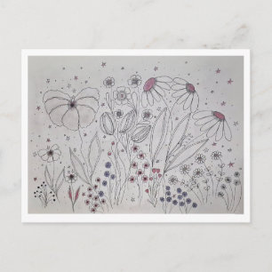 Elegante Wildblumenwiese Linienkunst Ankündigungspostkarte