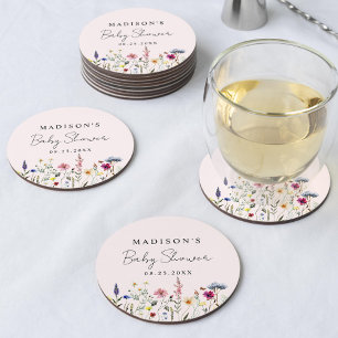 Elegante Wildblumenwiese Rosa Baby Shower Runder Pappuntersetzer
