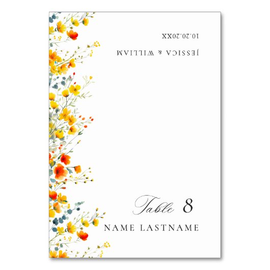 Elegante Wilde Blume Hochzeit Platzkarte Tischnummer (Vorderseite)