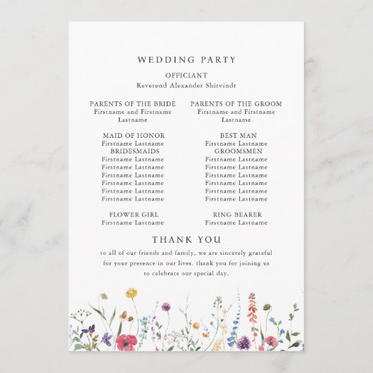 Elegante Wilde Blume Hochzeit Programm (Rückseite)
