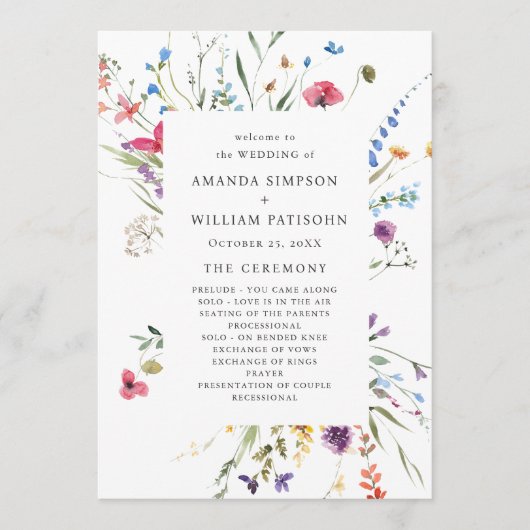 Elegante Wilde Blume Hochzeit Programm (Vorderseite)