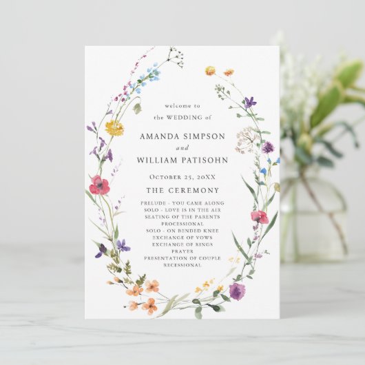 Elegante Wilde Blume Hochzeit Programm (Stehend Vorderseite)