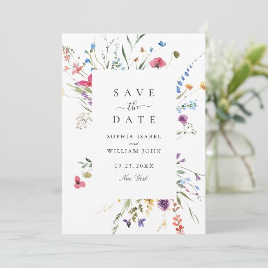 Elegante Wilde Blume Hochzeit Save The Date (Stehend Vorderseite)
