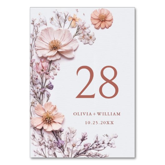 Elegante Wilde Blume Hochzeit Tischnummer (Vorderseite)