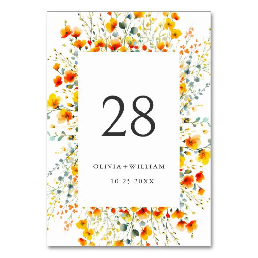 Elegante Wilde Blume Hochzeit Tischnummer (Rückseite)