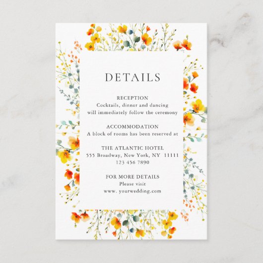 Elegante Wilde Blume Hochzeiten Details Begleitkarte (Vorderseite)